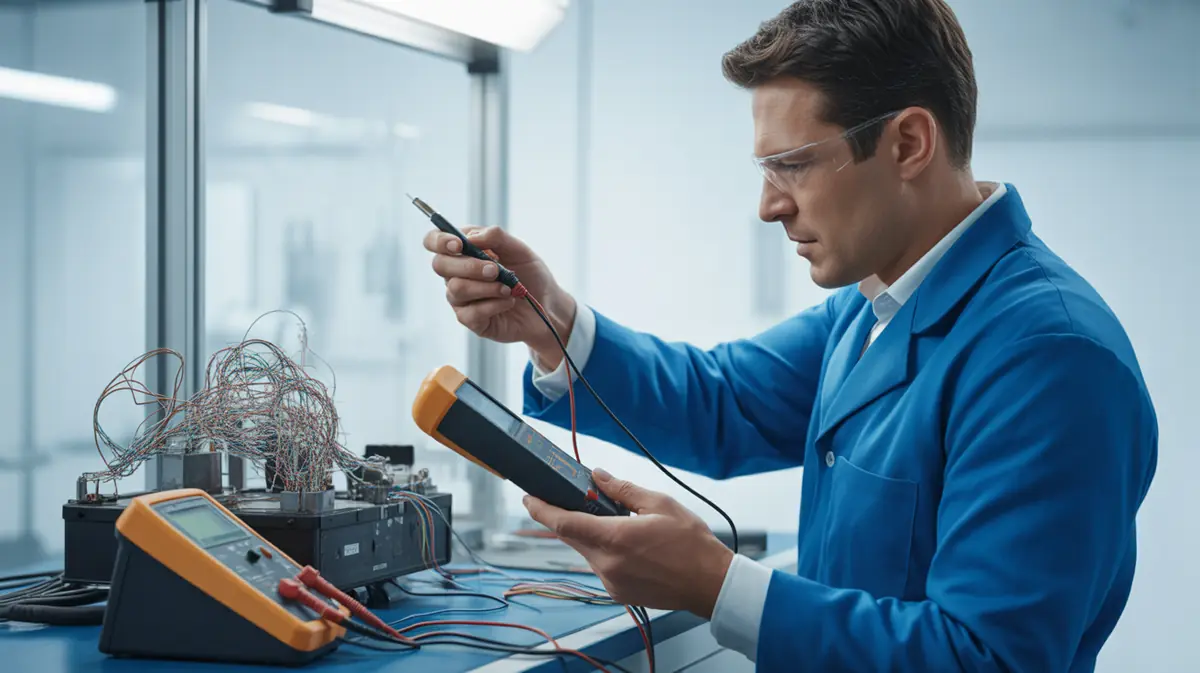 Engineer examining an automotive wire harness on a test bench with diagnostic equipment