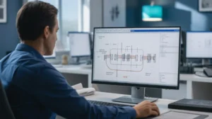 Widescreen 16:9 composition. Over-the-shoulder view of an engineer at a sleek, dual-monitor