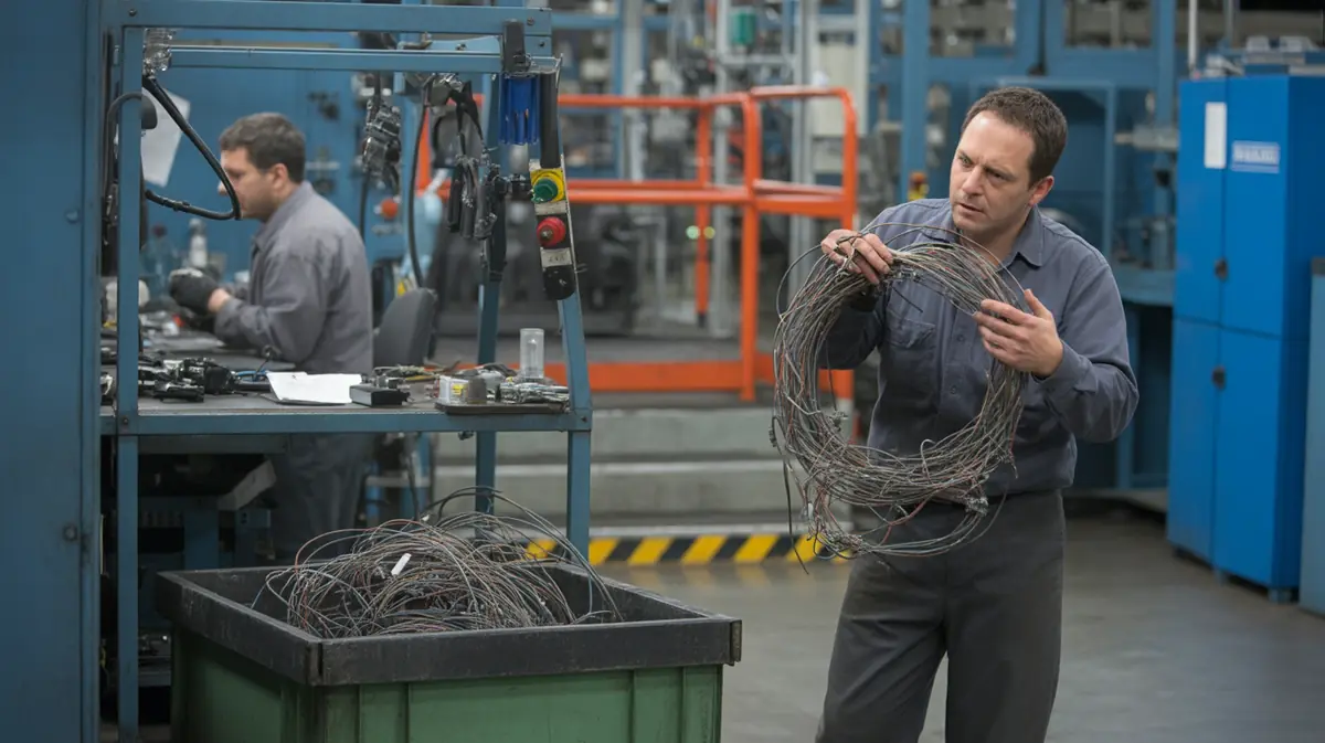 Close-up of an operator verifying connector mating during wire harness assembly