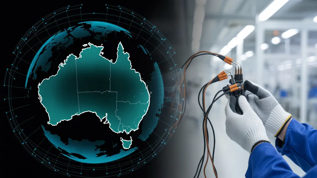 Widescreen 16:9 composition. Sleek digital globe with Australia illuminated in t