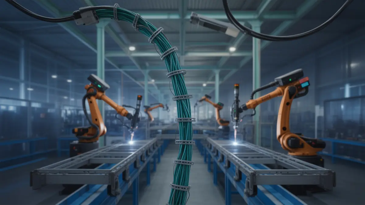 A state-of-the-art factory floor with automated guided vehicles and robotic arms, all interconnected by an intricate network of wiring harnesses overhead and along the floor