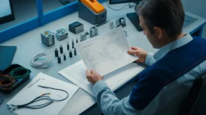 Widescreen 16:9 composition. Overhead medium shot of an engineer reviewing a wire harness drawing,