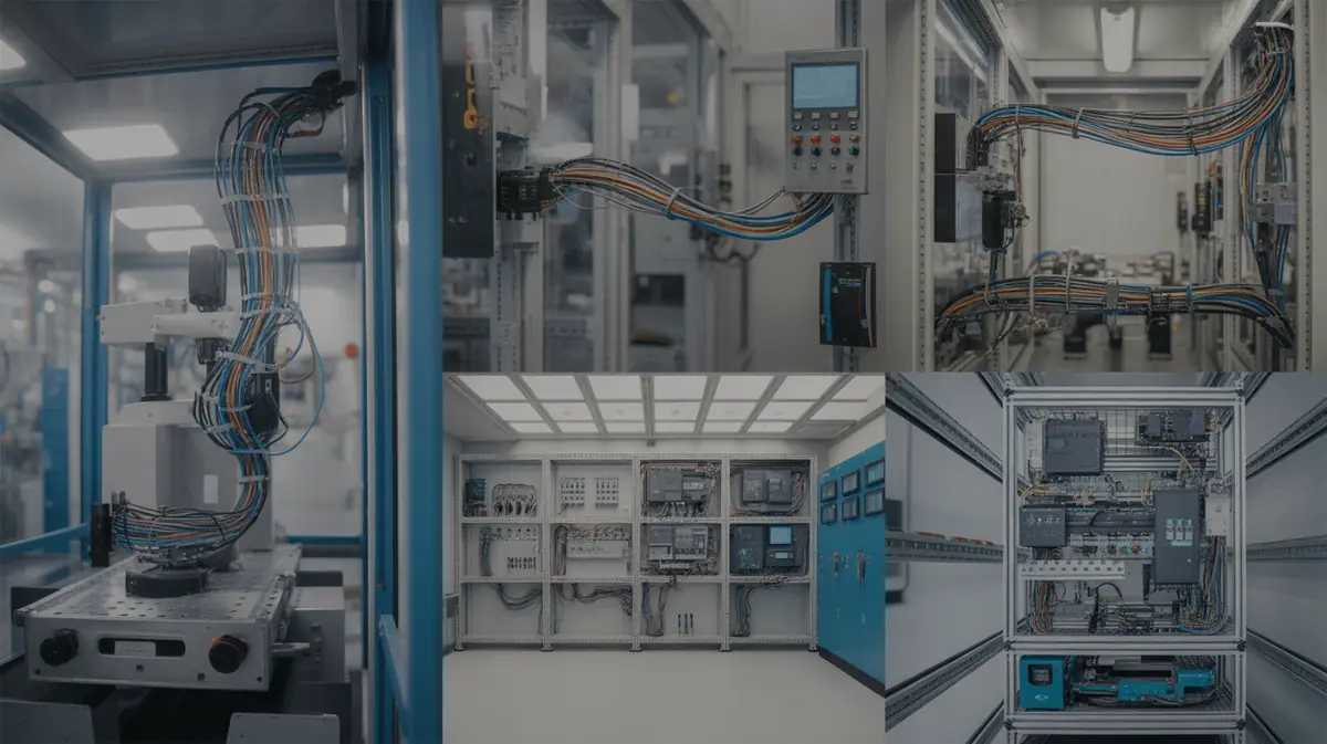 Automated industrial facility with wire harnesses routing through cable trays and machinery