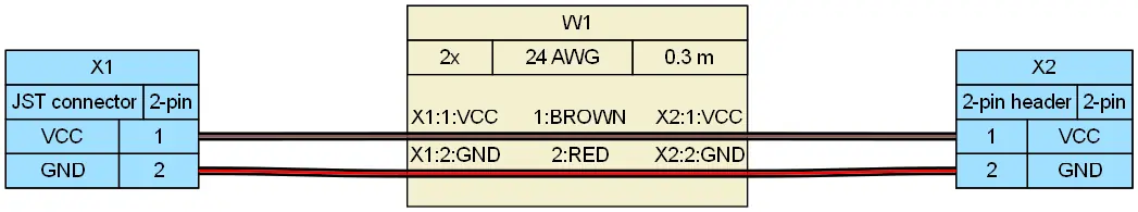 Wiring diagram of a two-contact JST connector pigtail to a two-pin PCB sensor header