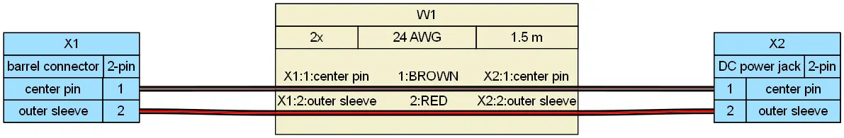Wiring diagram of barrel connector to DC power jack showing center pin and outer sleeve continuity
